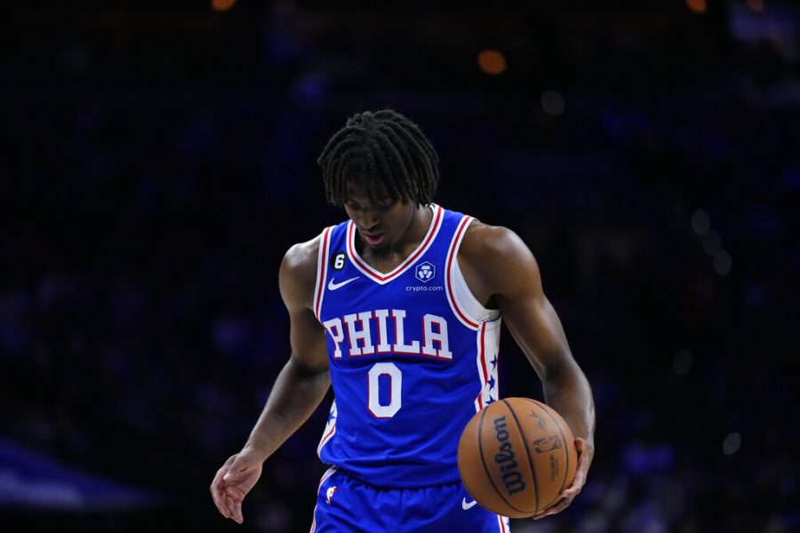 Philadelphia 76ers Tyrese Maxey plays during an NBA basketball game, Wednesday, Feb. 1, 2023, in Philadelphia. (AP Photo/Matt Slocum)