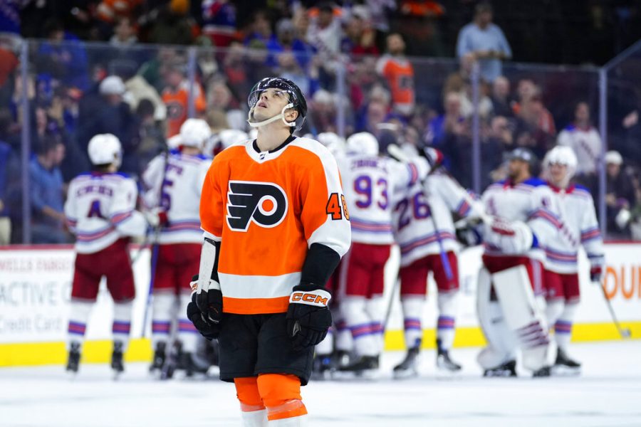 Philadelphia+Flyers+Morgan+Frost+reacts+after+the+Flyers+lost+during+overtime+in+an+NHL+hockey+game+against+the+New+York+Rangers%2C+Wednesday%2C+March+1%2C+2023%2C+in+Philadelphia.+%28AP+Photo%2FMatt+Slocum%29