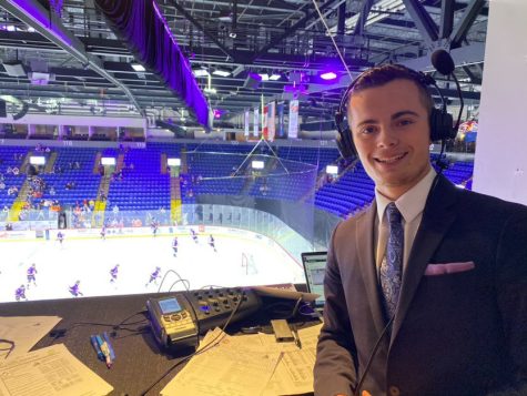 Erik Jesberger in the booth announcing a Reading Royals game.