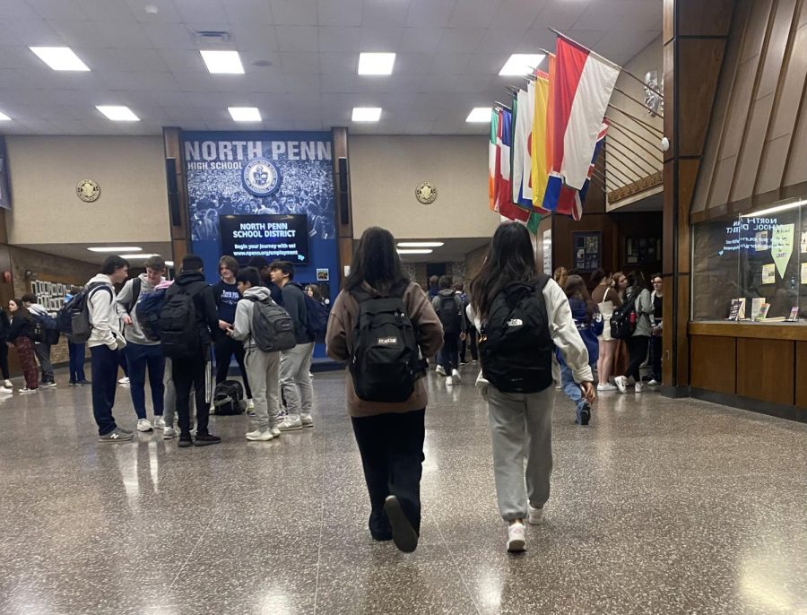 Students make their way through the halls of North Penn High School. 