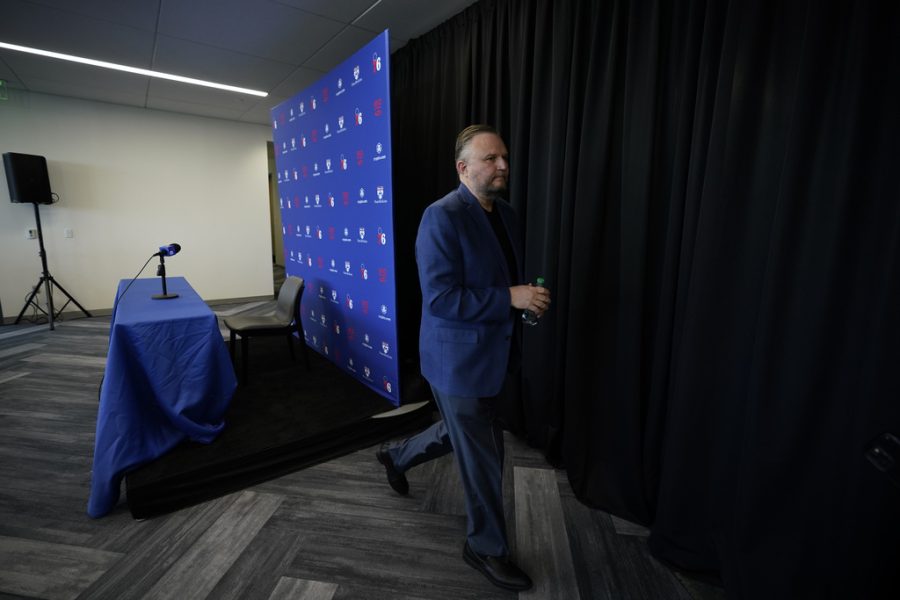Philadelphia 76ers Daryl Morey leaves after a news conference at the NBA basketball teams training facility, Wednesday, May 17, 2023, in Camden, N.J. (AP Photo/Matt Slocum)