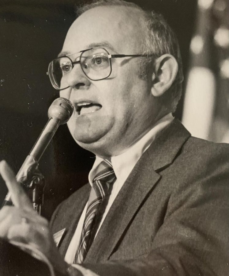 Man at the Mic - Mr. Jim Finnemeyer presides over a the mock presidential convention, which he created at NPHS. (KC FILE PHOTO) 