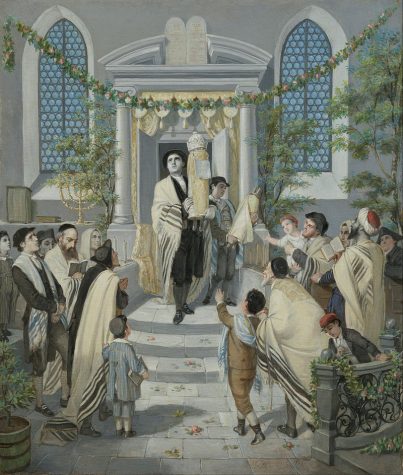Moritz Oppenheim’s depiction of the Torah being carried out from the ark for Shavuot service.