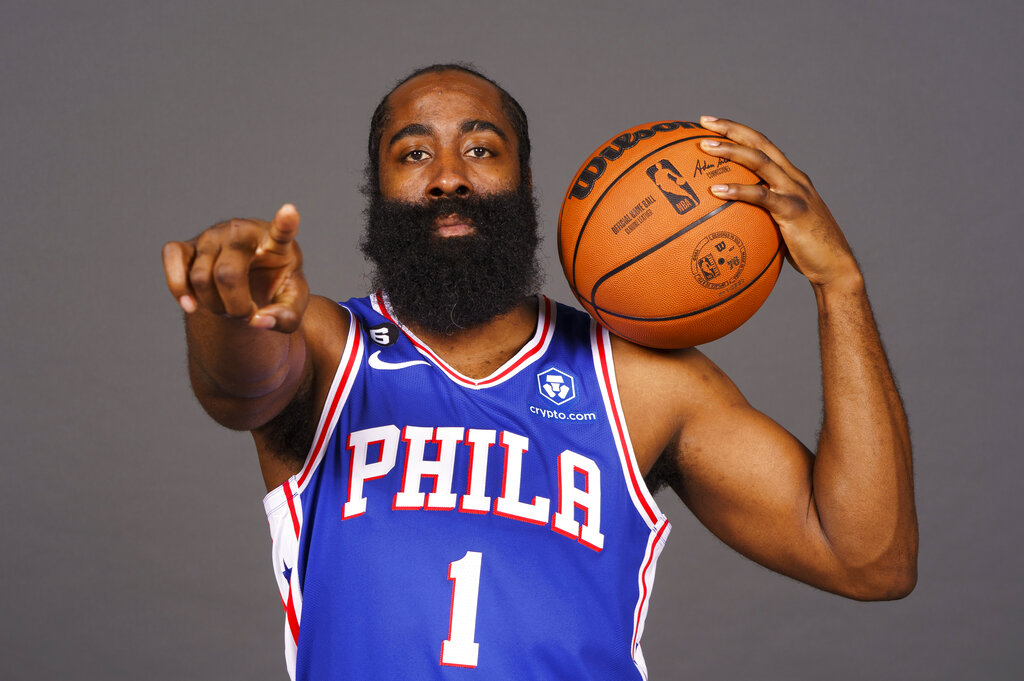 Philadelphia 76ers James Harden poses for a photograph during media day at the NBA basketball teams practice facility, Monday, Sept. 26, 2022, in Camden, NJ. (AP Photo/Chris Szagola)