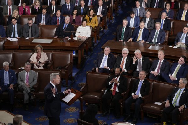 Rep. Kevin McCarthy, R-Calif., standing front, nominates Rep. Jim Jordan, R-Ohio, as lawmakers convene to hold a third ballot to elect a speaker of the House, at the Capitol in Washington, Friday, Oct. 20, 2023. (AP Photo/J. Scott Applewhite)