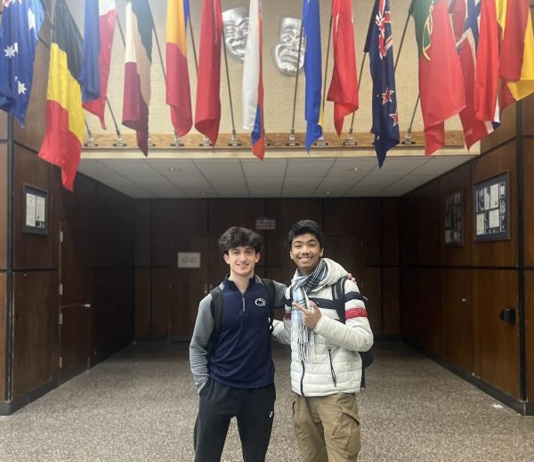 NPHS students Ayman Faraz (right) and Kyle Bilinski (left) stand together in the NPHS auditorium lobby. Faraz is the President of the NPHS Muslim Student Association and Bilinski is the VP of the NPHS Jewish Cultural Club. 