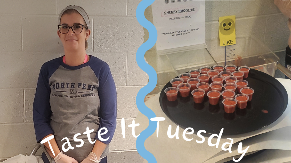 Cafeteria Manager Julie Barnes and this weeks sample: a small cup of cherry smoothie.