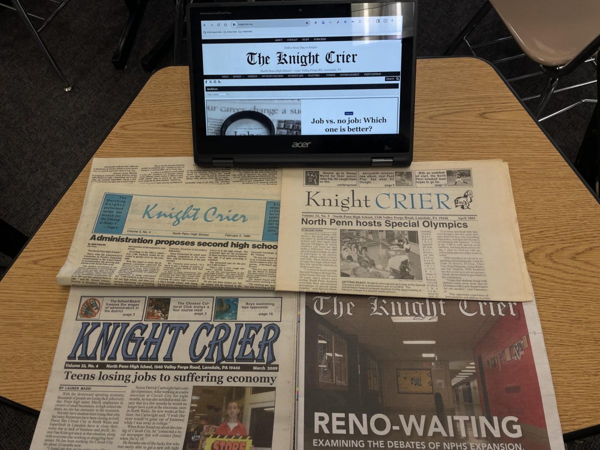The+Knight+Crier+through+the+years.+What+was+once+a+paper+newspaper+has+turned+digital%2C+in+this+photo+the+evolution+of+North+Penns+newspaper+is+evident.+