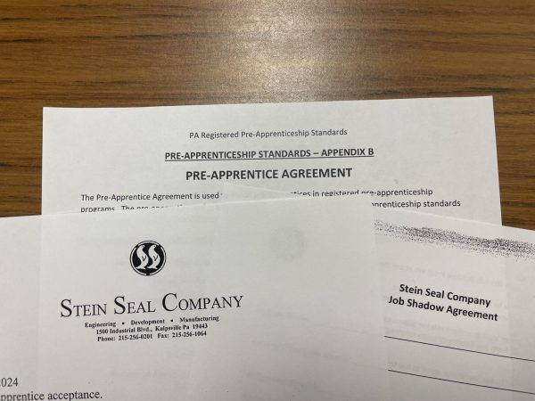 THE PAPERWORK-Seen above are Stein Seal Companies informative paperwork (left), the PA State Standards for Pre-Apprenticeship Agreements (middle), and Stein Seal’s Job Shadow agreement (right).