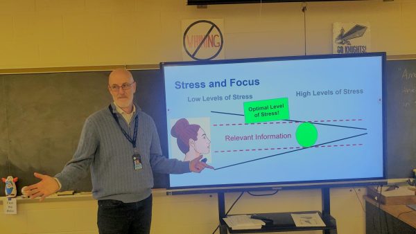 Mr. Mccreary looking towards the class after a lesson about stress and focus during his Performance Psychology class
