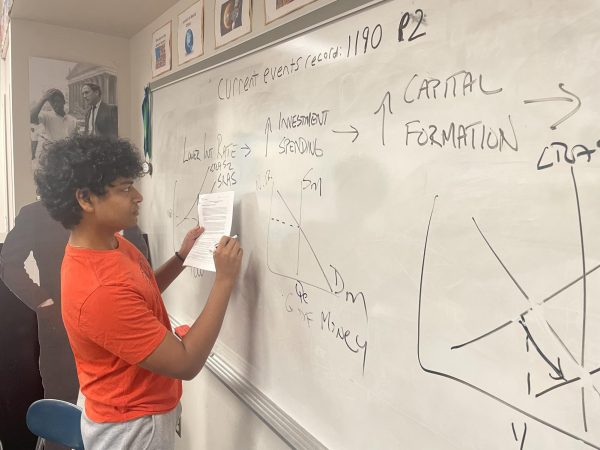 AP Econ student Wik Podugu drawing graphs during class.