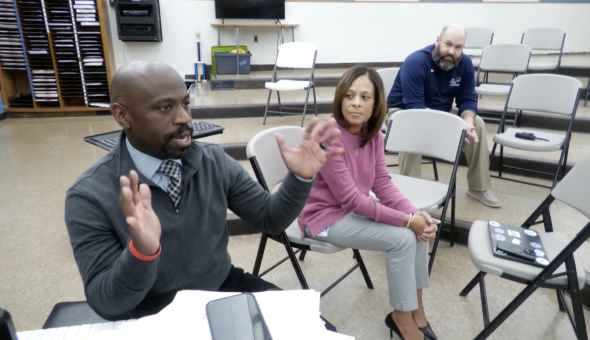 Mr. Brandon Rhone, Dr. D'Ana Waters, and Mr. Kyle Hassler in a breakout session, where students were able to raise questions and concerns on the topic of School Police Officers. [Frame from North Penn Television News Update 2-19-26]