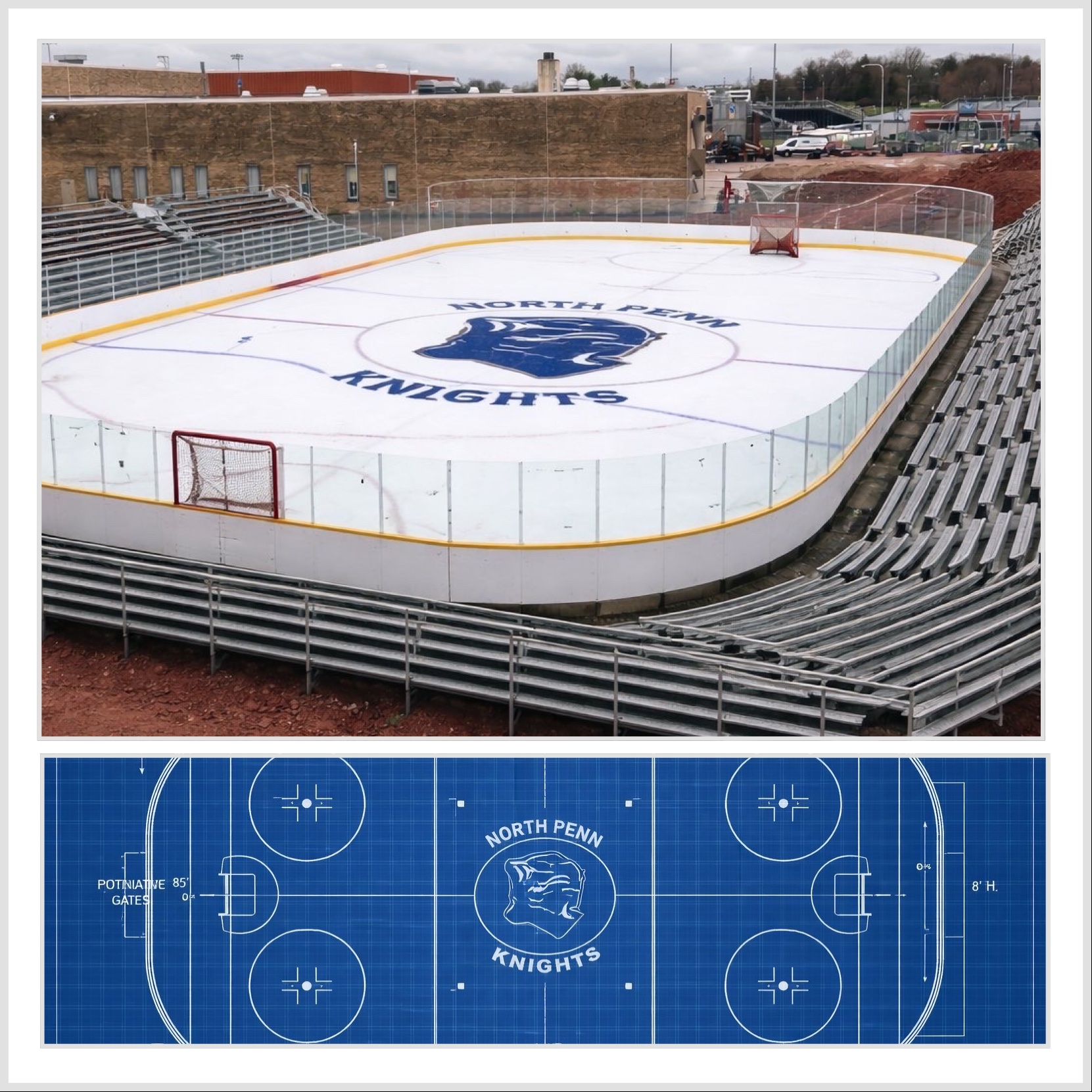 Blueprints and concept images for the newest sporting venue at North Penn, located in the AEF courtyard.