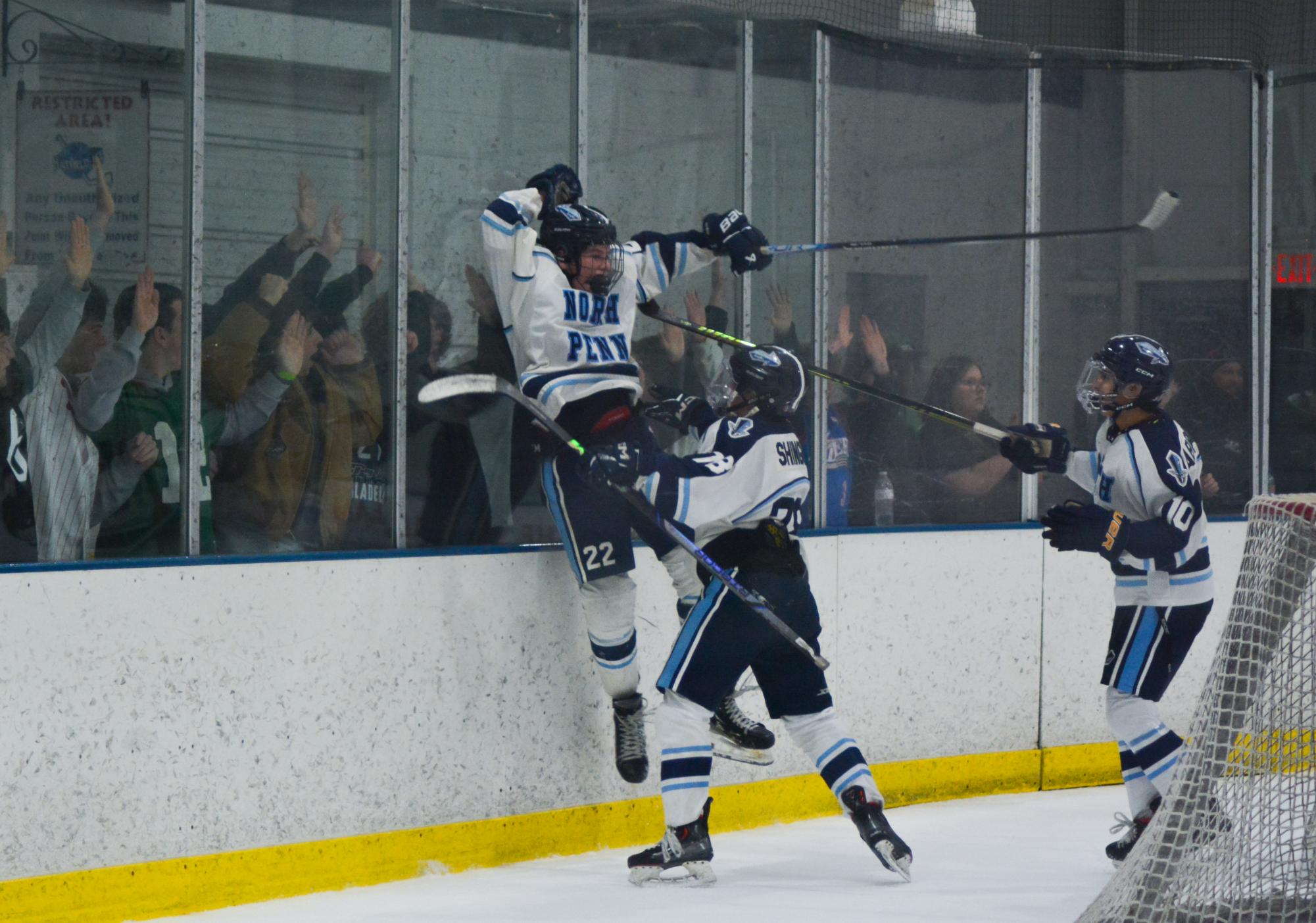 Chris Silvotti leaps into the glass after scoring an insurance goal late into the second period.