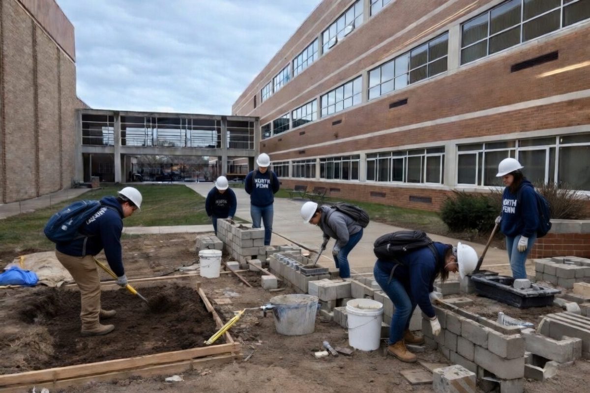 Bricklaying has already began in the K-Pod courtyard, with students doing the heavy lifting.