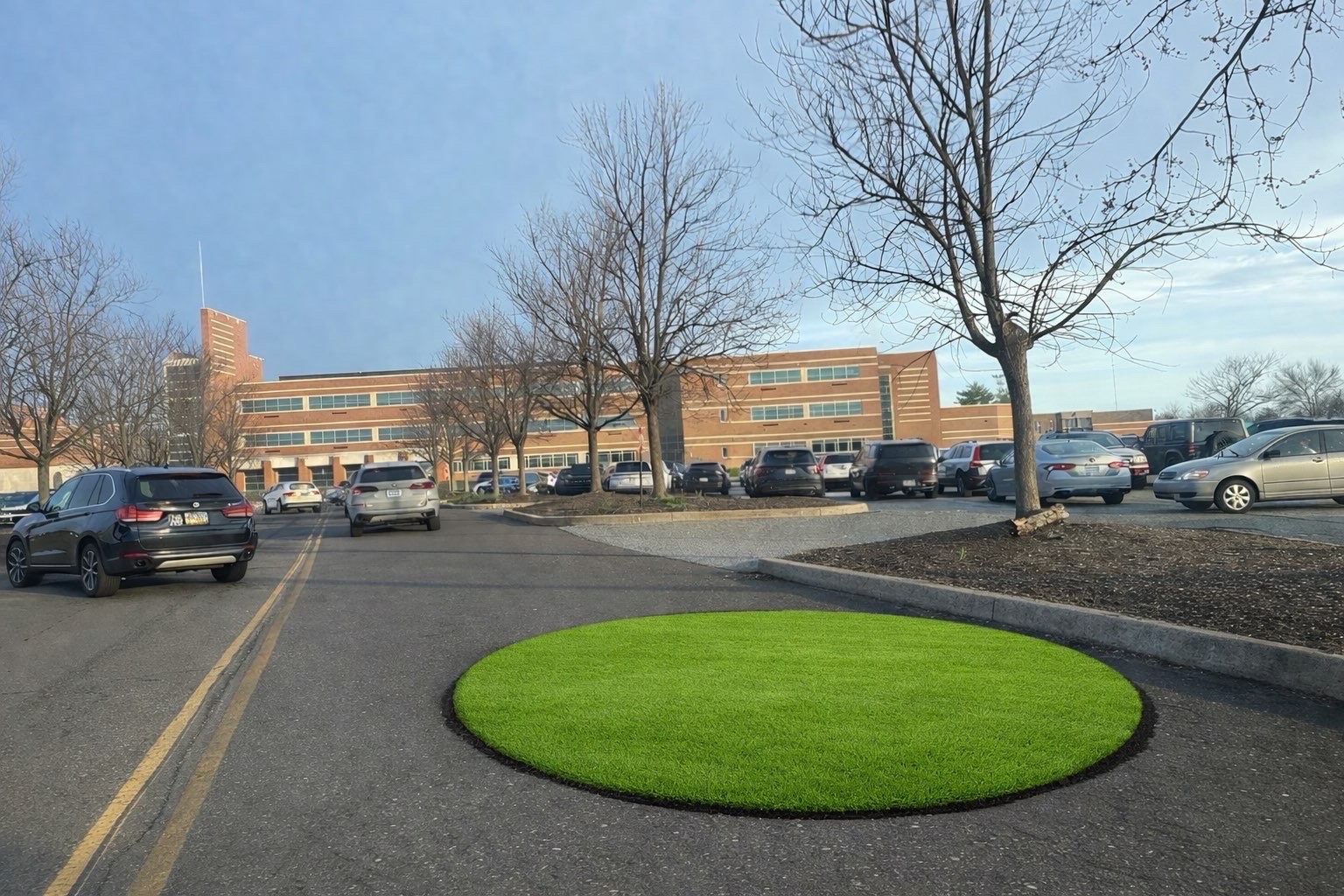 The first turf being laid in one of the major potholes in the main lane through the North Penn parking lot.