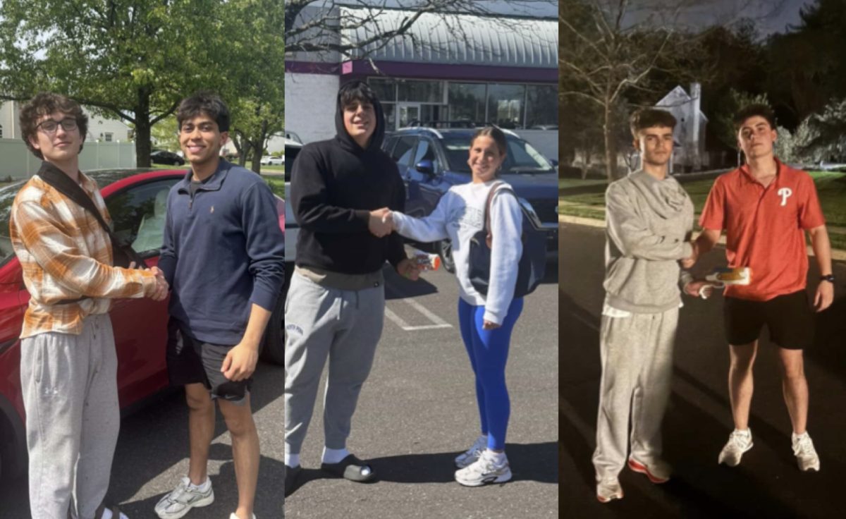Gotcha! North Penn students and their Senior Assassin targets (L-R): Jeffrey Pushart and Rudra Dhanani; Dom Tranzilli and Maizy Miller; Dylan Wagenhoffer and Jack Staugaitis 